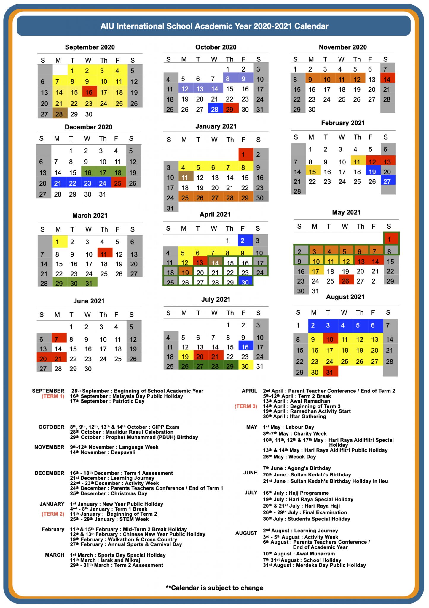 Academic Calendar AIU International School